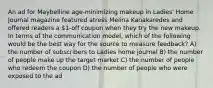 An ad for Maybelline age-minimizing makeup in Ladies' Home Journal magazine featured atress Melina Kanakaredes and offered readers a 1-off coupon when they try the new makeup. In terms of the communication model, which of the following would be the best way for the source to measure feedback? A) the number of subscribers to Ladies home journal B) the number of people make up the target market C) the number of people who redeem the coupon D) the number of people who were exposed to the ad