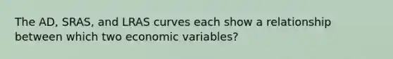 The AD, SRAS, and LRAS curves each show a relationship between which two economic variables?