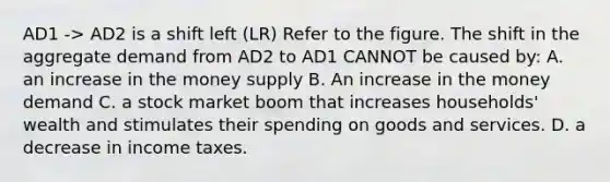 AD1 -> AD2 is a shift left (LR) Refer to the figure. The shift in the aggregate demand from AD2 to AD1 CANNOT be caused by: A. an increase in the money supply B. An increase in the money demand C. a stock market boom that increases households' wealth and stimulates their spending on goods and services. D. a decrease in income taxes.