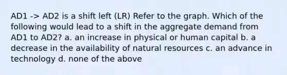 AD1 -> AD2 is a shift left (LR) Refer to the graph. Which of the following would lead to a shift in the aggregate demand from AD1 to AD2? a. an increase in physical or human capital b. a decrease in the availability of natural resources c. an advance in technology d. none of the above