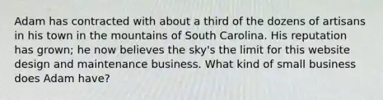 Adam has contracted with about a third of the dozens of artisans in his town in the mountains of South Carolina. His reputation has grown; he now believes the sky's the limit for this website design and maintenance business. What kind of small business does Adam have?