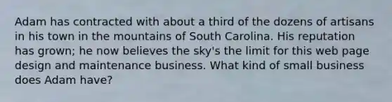 Adam has contracted with about a third of the dozens of artisans in his town in the mountains of South Carolina. His reputation has grown; he now believes the sky's the limit for this web page design and maintenance business. What kind of small business does Adam have?