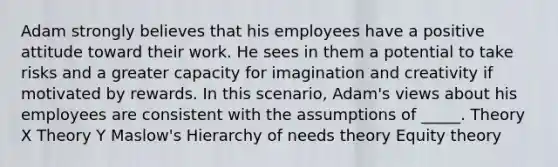 Adam strongly believes that his employees have a positive attitude toward their work. He sees in them a potential to take risks and a greater capacity for imagination and creativity if motivated by rewards. In this scenario, Adam's views about his employees are consistent with the assumptions of _____. Theory X Theory Y Maslow's Hierarchy of needs theory Equity theory