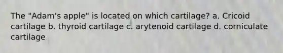 The "Adam's apple" is located on which cartilage? a. Cricoid cartilage b. thyroid cartilage c. arytenoid cartilage d. corniculate cartilage