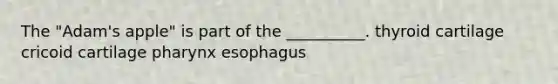 The "Adam's apple" is part of the __________. thyroid cartilage cricoid cartilage pharynx esophagus