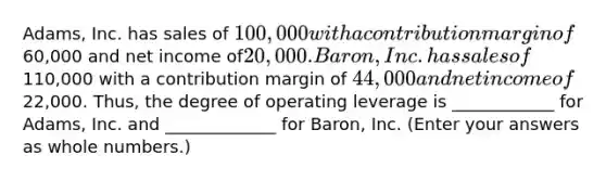 Adams, Inc. has sales of 100,000 with a contribution margin of60,000 and net income of20,000. Baron, Inc. has sales of110,000 with a contribution margin of 44,000 and net income of22,000. Thus, the degree of operating leverage is ____________ for Adams, Inc. and _____________ for Baron, Inc. (Enter your answers as <a href='https://www.questionai.com/knowledge/kHClMPgTfV-whole-numbers' class='anchor-knowledge'>whole numbers</a>.)