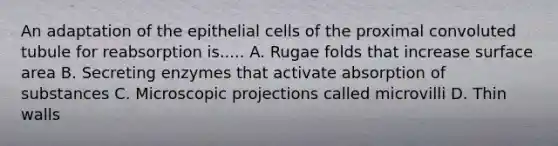 An adaptation of the epithelial cells of the proximal convoluted tubule for reabsorption is..... A. Rugae folds that increase surface area B. Secreting enzymes that activate absorption of substances C. Microscopic projections called microvilli D. Thin walls