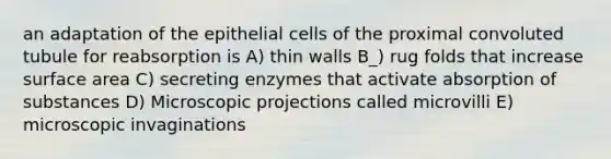 an adaptation of the epithelial cells of the proximal convoluted tubule for reabsorption is A) thin walls B_) rug folds that increase surface area C) secreting enzymes that activate absorption of substances D) Microscopic projections called microvilli E) microscopic invaginations