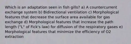 Which is an adaptation seen in fish gills? a) A countercurrent exchange system b) Bidirectional ventilation c) Morphological features that decrease the surface area available for gas exchange d) Morphological features that increase the path length ("L" of Fick's law) for diffusion of the respiratory gases e) Morphological features that minimize the efficiency of O2 extraction