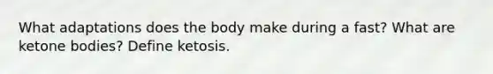 What adaptations does the body make during a fast? What are ketone bodies? Define ketosis.