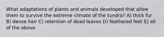 What adaptations of plants and animals developed that allow them to survive the extreme climate of the tundra? A) thick fur B) dense hair C) retention of dead leaves D) feathered feet E) all of the above