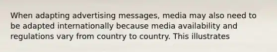 When adapting advertising messages, media may also need to be adapted internationally because media availability and regulations vary from country to country. This illustrates