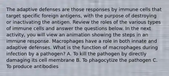 The adaptive defenses are those responses by immune cells that target specific foreign antigens, with the purpose of destroying or inactivating the antigen. Review the roles of the various types of immune cells and answer the questions below. In the next activity, you will view an animation showing the steps in an immune response. Macrophages have a role in both innate and adaptive defenses. What is the function of macrophages during infection by a pathogen? A. To kill the pathogen by directly damaging its cell membrane B. To phagocytize the pathogen C. To produce antibodies