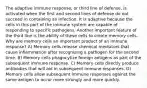 The adaptive immune response, or third line of defense, is activated when the first and second lines of defense do not succeed in containing an infection. It is adaptive because the cells in this part of the immune system are capable of responding to specific pathogens. Another important feature of the third line is the ability of these cells to create memory cells. Why are memory cells an important product of an immune response? A) Memory cells release chemical mediators that cause inflammation after recognizing a pathogen for the second time. B) Memory cells phagocytize foreign antigens as part of the subsequent immune response. C) Memory cells directly produce antibodies that will aid in subsequent immune responses. D) Memory cells allow subsequent immune responses against the same antigen to occur more strongly and more quickly.