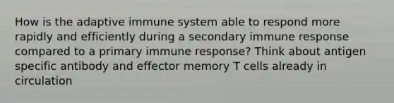 How is the adaptive immune system able to respond more rapidly and efficiently during a secondary immune response compared to a primary immune response? Think about antigen specific antibody and effector memory T cells already in circulation