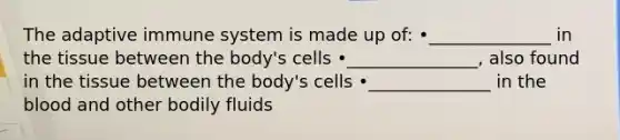 The adaptive immune system is made up of: •______________ in the tissue between the body's cells •_______________, also found in the tissue between the body's cells •______________ in the blood and other bodily fluids