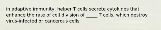 in adaptive immunity, helper T cells secrete cytokines that enhance the rate of <a href='https://www.questionai.com/knowledge/kjHVAH8Me4-cell-division' class='anchor-knowledge'>cell division</a> of _____ T cells, which destroy virus-infected or cancerous cells