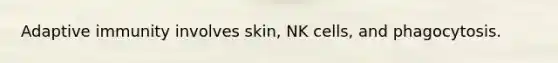 Adaptive immunity involves skin, NK cells, and phagocytosis.