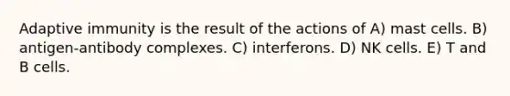 Adaptive immunity is the result of the actions of A) mast cells. B) antigen-antibody complexes. C) interferons. D) NK cells. E) T and B cells.