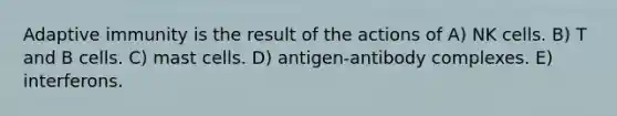 Adaptive immunity is the result of the actions of A) NK cells. B) T and B cells. C) mast cells. D) antigen-antibody complexes. E) interferons.