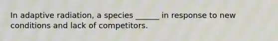 In adaptive radiation, a species ______ in response to new conditions and lack of competitors.