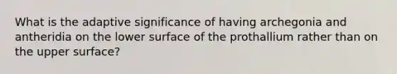 What is the adaptive significance of having archegonia and antheridia on the lower surface of the prothallium rather than on the upper surface?