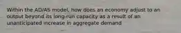 Within the AD/AS model, how does an economy adjust to an output beyond its long-run capacity as a result of an unanticipated increase in aggregate demand