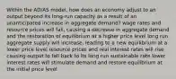 Within the AD/AS model, how does an economy adjust to an output beyond its long-run capacity as a result of an unanticipated increase in aggregate demand? wage rates and resource prices will fall, causing a decrease in aggregate demand and the restoration of equilibrium at a higher price level long run aggregate supply will increase, leading to a new equilibrium at a lower price level resource prices and real interest rates will rise causing output to fall back to its long run sustainable rate lower interest rates will stimulate demand and restore equilibrium at the initial price level