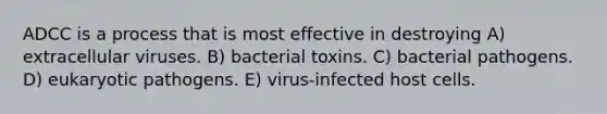 ADCC is a process that is most effective in destroying A) extracellular viruses. B) bacterial toxins. C) bacterial pathogens. D) eukaryotic pathogens. E) virus-infected host cells.