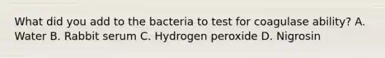 What did you add to the bacteria to test for coagulase ability? A. Water B. Rabbit serum C. Hydrogen peroxide D. Nigrosin