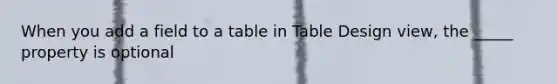 When you add a field to a table in Table Design view, the _____ property is optional