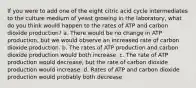 If you were to add one of the eight citric acid cycle intermediates to the culture medium of yeast growing in the laboratory, what do you think would happen to the rates of ATP and carbon dioxide production? a. There would be no change in ATP production, but we would observe an increased rate of carbon dioxide production. b. The rates of ATP production and carbon dioxide production would both increase. c. The rate of ATP production would decrease, but the rate of carbon dioxide production would increase. d. Rates of ATP and carbon dioxide production would probably both decrease