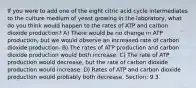 If you were to add one of the eight citric acid cycle intermediates to the culture medium of yeast growing in the laboratory, what do you think would happen to the rates of ATP and carbon dioxide production? A) There would be no change in ATP production, but we would observe an increased rate of carbon dioxide production. B) The rates of ATP production and carbon dioxide production would both increase. C) The rate of ATP production would decrease, but the rate of carbon dioxide production would increase. D) Rates of ATP and carbon dioxide production would probably both decrease. Section: 9.3