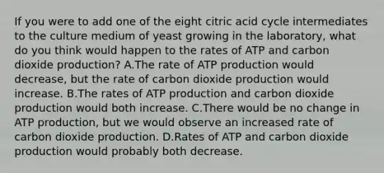 If you were to add one of the eight citric acid cycle intermediates to the culture medium of yeast growing in the laboratory, what do you think would happen to the rates of ATP and carbon dioxide production? A.The rate of ATP production would decrease, but the rate of carbon dioxide production would increase. B.The rates of ATP production and carbon dioxide production would both increase. C.There would be no change in ATP production, but we would observe an increased rate of carbon dioxide production. D.Rates of ATP and carbon dioxide production would probably both decrease.