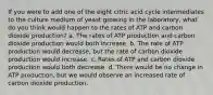 If you were to add one of the eight citric acid cycle intermediates to the culture medium of yeast growing in the laboratory, what do you think would happen to the rates of ATP and carbon dioxide production? a. The rates of ATP production and carbon dioxide production would both increase. b. The rate of ATP production would decrease, but the rate of carbon dioxide production would increase. c. Rates of ATP and carbon dioxide production would both decrease. d. There would be no change in ATP production, but we would observe an increased rate of carbon dioxide production.