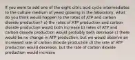 If you were to add one of the eight citric acid cycle intermediates to the culture medium of yeast growing in the laboratory, what do you think would happen to the rates of ATP and carbon dioxide production? a) the rates of ATP production and carbon dioxide production would both increase b) rates of ATP and carbon dioxide production would probably both decrease c) there would be no change in ATP production, but we would observe an increased rate of carbon dioxide production d) the rate of ATP production would decrease, but the rate of carbon dioxide production would increase