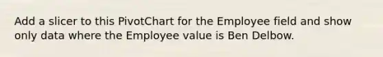 Add a slicer to this PivotChart for the Employee field and show only data where the Employee value is Ben Delbow.