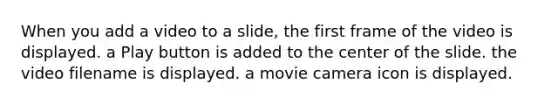 When you add a video to a slide, the first frame of the video is displayed. a Play button is added to the center of the slide. the video filename is displayed. a movie camera icon is displayed.