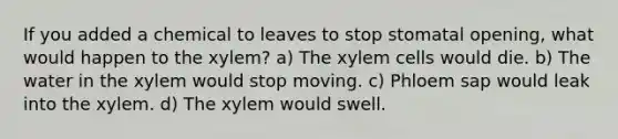 If you added a chemical to leaves to stop stomatal opening, what would happen to the xylem? a) The xylem cells would die. b) The water in the xylem would stop moving. c) Phloem sap would leak into the xylem. d) The xylem would swell.