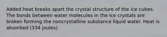 Added heat breaks apart the crystal structure of the ice cubes. The bonds between water molecules in the ice crystals are broken forming the noncrystalline substance liquid water. Heat is absorbed (334 joules).