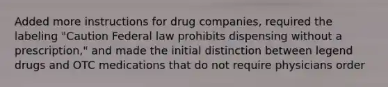 Added more instructions for drug companies, required the labeling "Caution Federal law prohibits dispensing without a prescription," and made the initial distinction between legend drugs and OTC medications that do not require physicians order