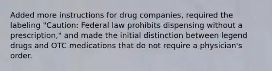 Added more instructions for drug companies, required the labeling "Caution: Federal law prohibits dispensing without a prescription," and made the initial distinction between legend drugs and OTC medications that do not require a physician's order.