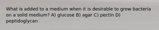 What is added to a medium when it is desirable to grow bacteria on a solid medium? A) glucose B) agar C) pectin D) peptidoglycan