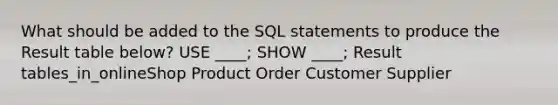 What should be added to the SQL statements to produce the Result table below? USE ____; SHOW ____; Result tables_in_onlineShop Product Order Customer Supplier