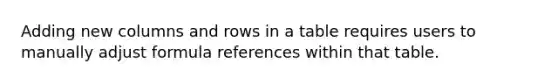 Adding new columns and rows in a table requires users to manually adjust formula references within that table.