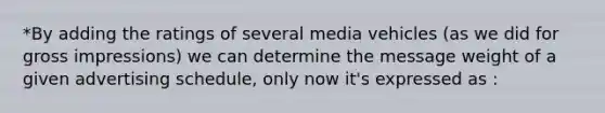 *By adding the ratings of several media vehicles (as we did for gross impressions) we can determine the message weight of a given advertising schedule, only now it's expressed as :