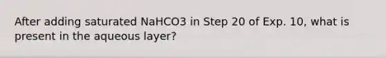 After adding saturated NaHCO3 in Step 20 of Exp. 10, what is present in the aqueous layer?