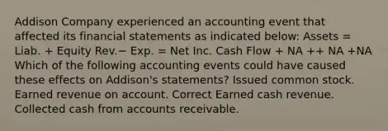 Addison Company experienced an accounting event that affected its financial statements as indicated below: Assets = Liab. + Equity Rev.− Exp. = Net Inc. Cash Flow + NA ++ NA +NA Which of the following accounting events could have caused these effects on Addison's statements? Issued common stock. Earned revenue on account. Correct Earned cash revenue. Collected cash from accounts receivable.