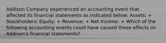 Addison Company experienced an accounting event that affected its <a href='https://www.questionai.com/knowledge/kFBJaQCz4b-financial-statements' class='anchor-knowledge'>financial statements</a> as indicated below: Assets: + Stockholders' Equity: + Revenue: + Net Income: + Which of the following accounting events could have caused these effects on Addison's financial statements?