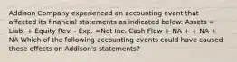 Addison Company experienced an accounting event that affected its financial statements as indicated below: Assets = Liab. + Equity Rev. - Exp. =Net Inc. Cash Flow + NA + + NA + NA Which of the following accounting events could have caused these effects on Addison's statements?